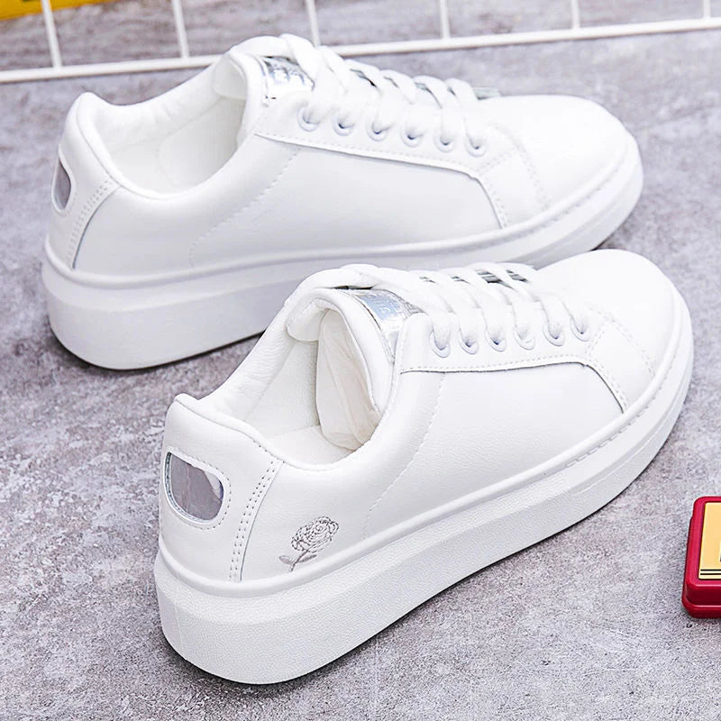 Women’s Floral Embroidered White Sneakers – Breathable PU Leather Lace-Up Casual Fashion Walking Shoes