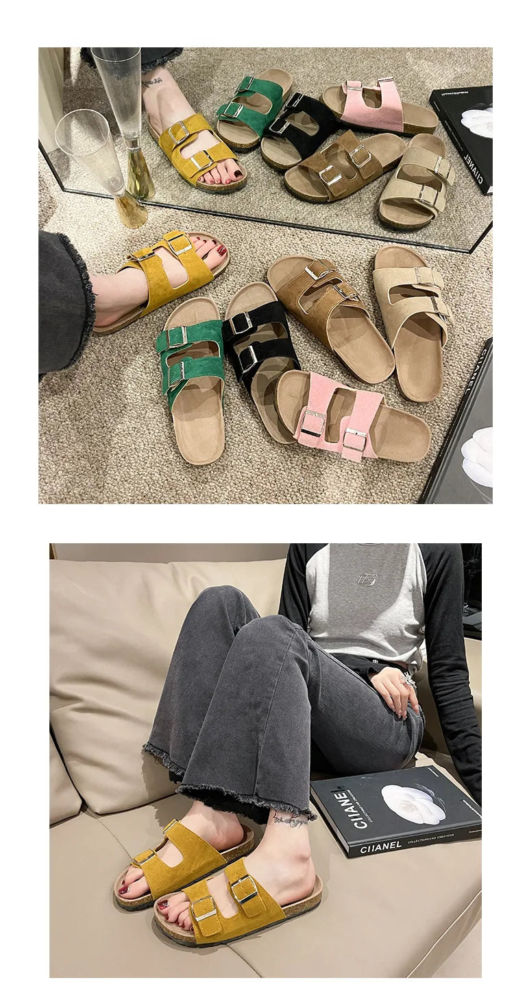 Comwarm Classic Cork Slippers For Women New Fashion Suede Flats Sandals Summer Couple Beach Slides Shoes With Adjustable Buckle