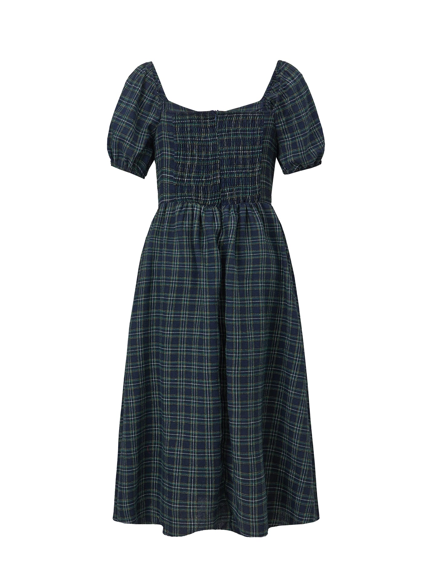 Plaid Puff-Sleeve Midi Dress