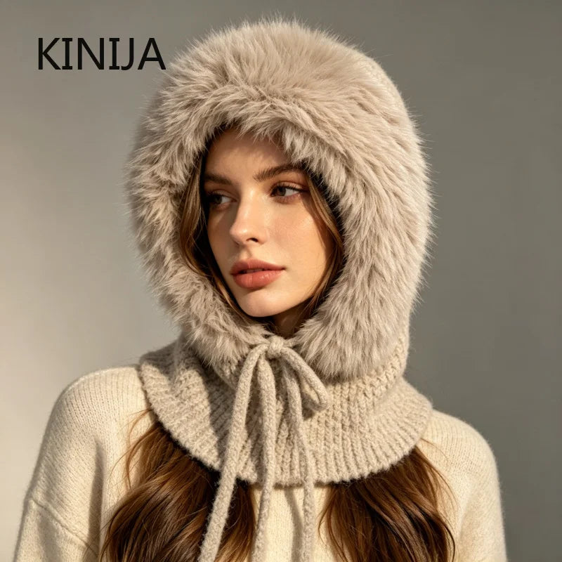 New Balaclava Women's Winter Wool Knitted Hat Ski Windproof Hat Thick Plush Fluffy Beanies Hood Pullover Hats for Riding Outdoor