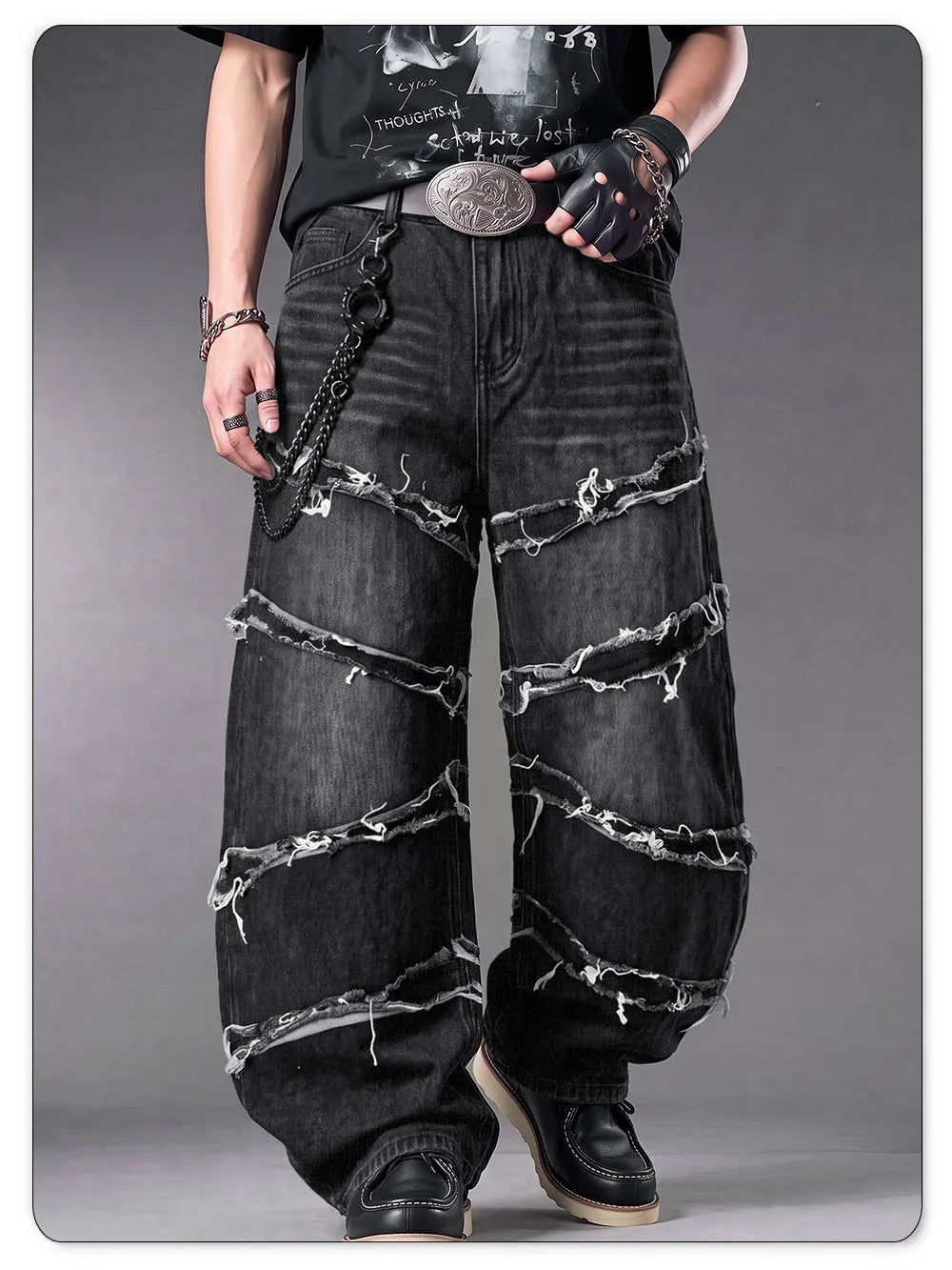LIYS Men's Gothic Baggy Jeans Raw Frayed Edge Deconstructed Patchwork Wide Leg Denim Pants Y2K Punk Streetwear Trousers ﻿