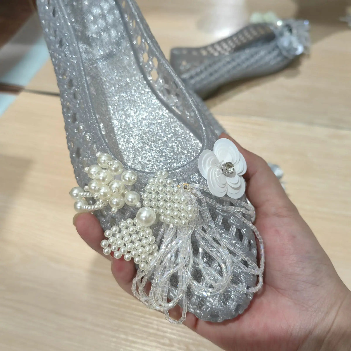2026 Summer Hot-Selling Crystal Shoes, Pointed Toe, Closed Heel, Handmade Floral Shoes, Mesh Flat Sandals, Slippers, Crystal Shoes for Women