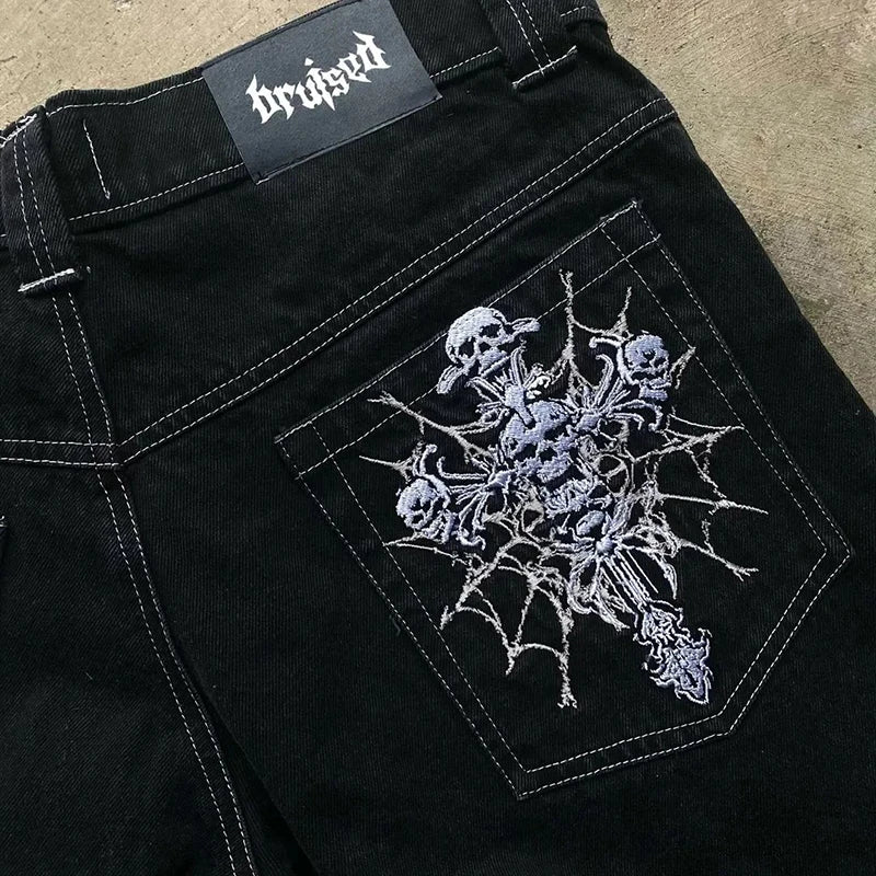 New Y2K Streetwear Jeans American Street Clothes Mens Womens Harajuku Skull Straight Wide-leg Pants Hip-hop Casual Hoodie Top