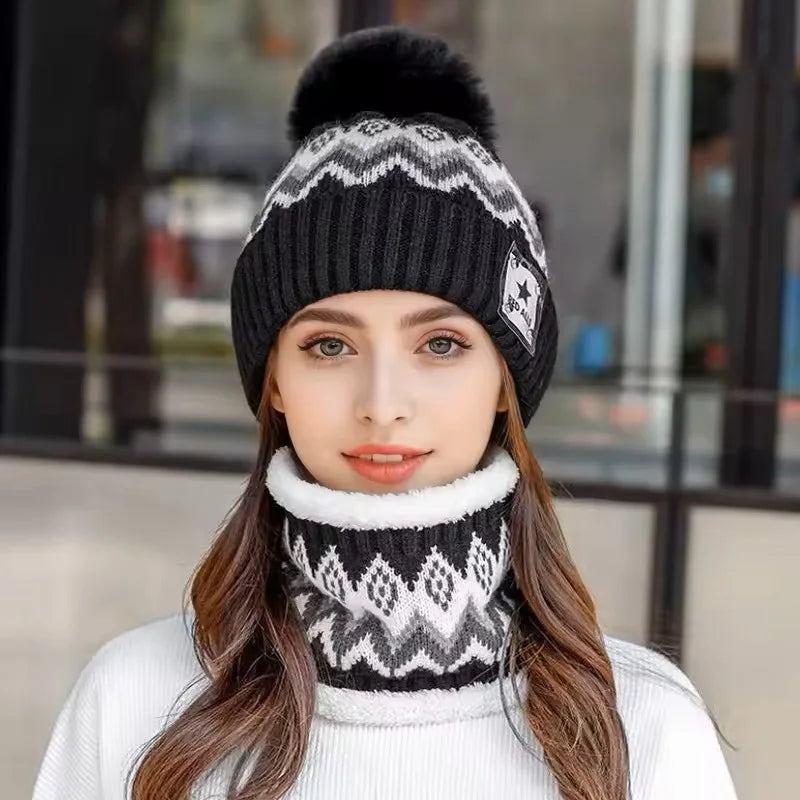 2PCS Winter Women Plush Velvet Hats Neck Warmer Hat Scarf Set Beanies Cycling Windproof Hat Outdoor Ear Protection Outdoor