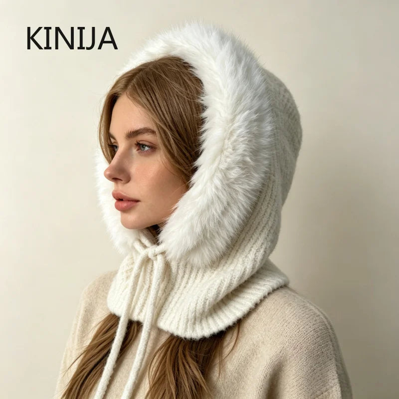 New Balaclava Women's Winter Wool Knitted Hat Ski Windproof Hat Thick Plush Fluffy Beanies Hood Pullover Hats for Riding Outdoor