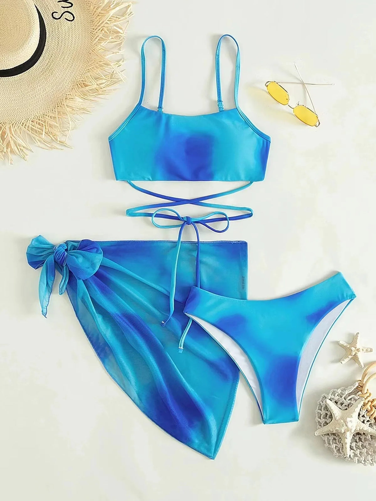 Tie Dye Bikini Swimsuit Women's Three Piece Set Mesh Skirt Split Body Suspender Fashionable Swimsuit Padded Bikini Set Swimwear