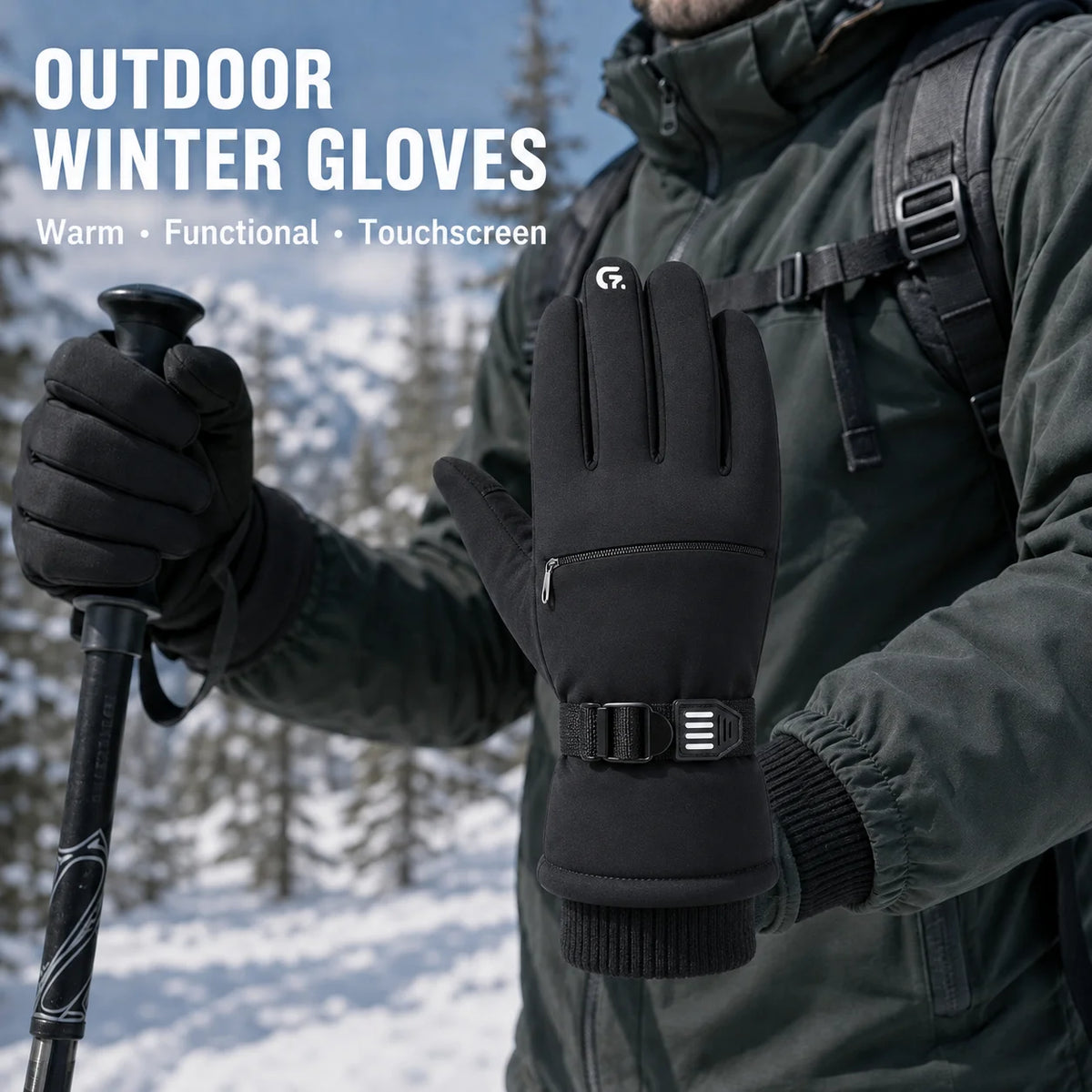 Outdoor Winter Gloves Men Women Thermal Touchscreen Water Resistant Anti Slip Zipper Pocket Gloves for Hiking Cycling