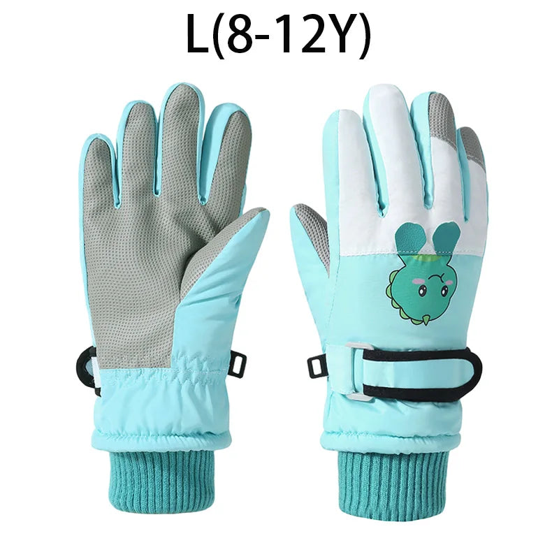 Winter Ski Gloves for Children Windproof Thickened Five-Finger Gloves Cartoon Printed Boys Girls Snow Warm Accessories 4-12Years