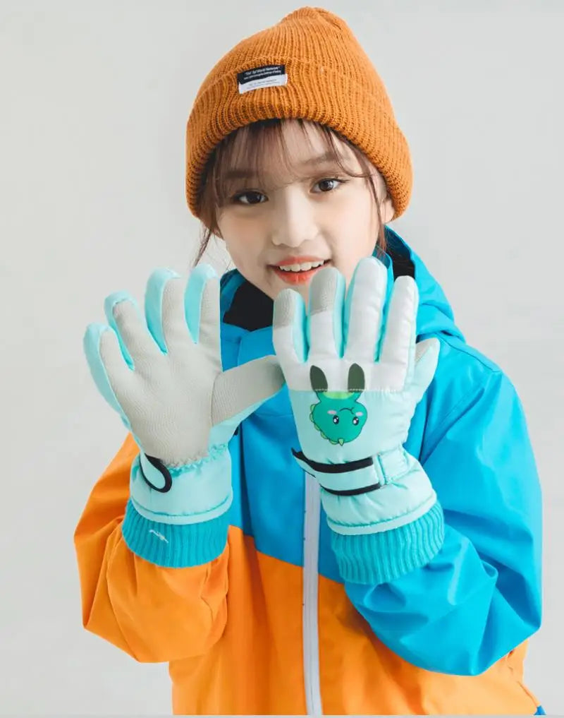 Winter Ski Gloves for Children Windproof Thickened Five-Finger Gloves Cartoon Printed Boys Girls Snow Warm Accessories 4-12Years
