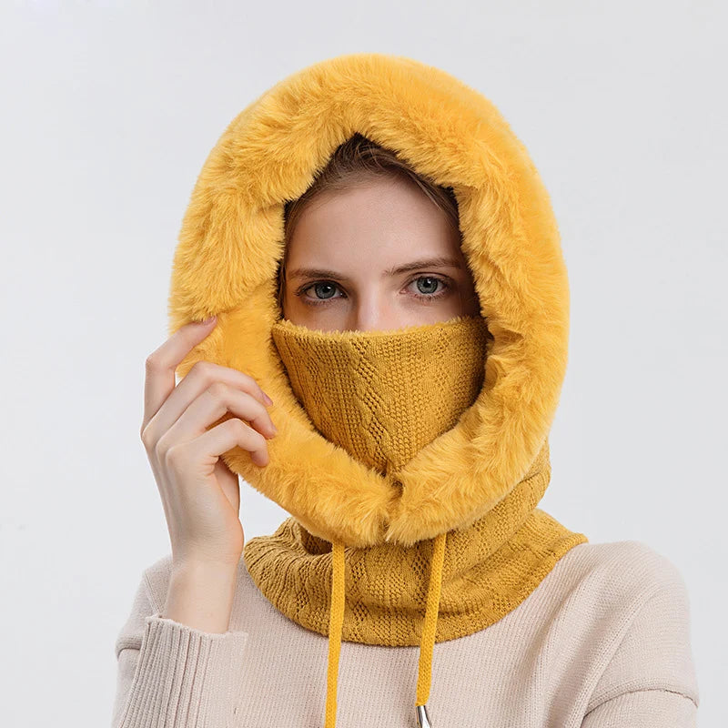 Winter Hat For Women Hooded Face Mask Fluff Keep Warm Thicken Style Neck Scarf Hooded Cap Beanie Knitted Cashmere Neck Warmer