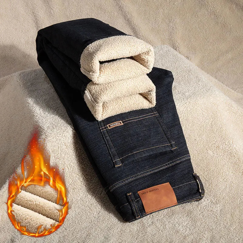 Plus Size 44 46 Casual Sherpa Warm Jeans Men Winter Velvet Thick Trousers Loose Straight Business Classic Fleece Denim Pants