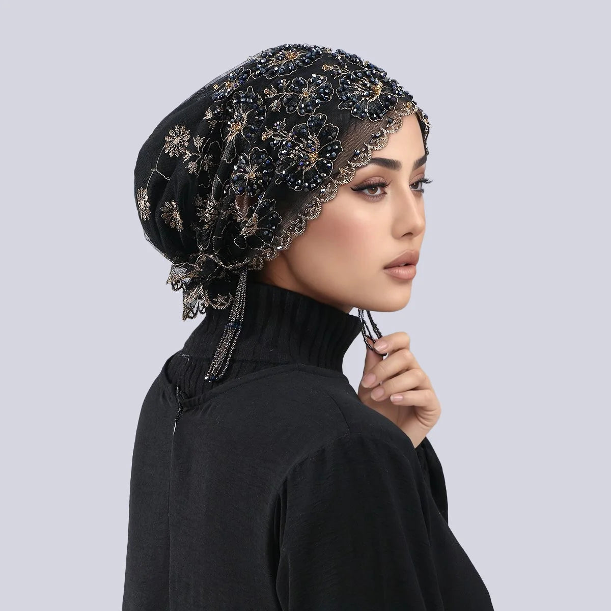 Women’s Luxury Pearl Embroidered Mesh Hijab Cap