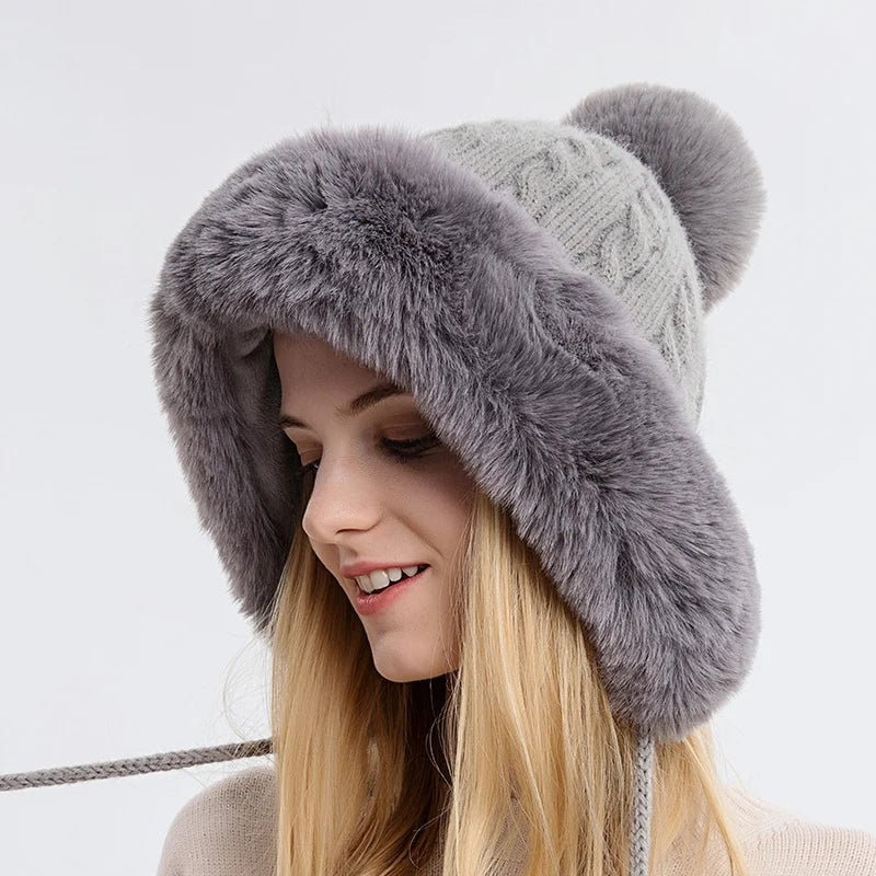 Winter Fluffy Fur Kintted Cap for Women Russian Lady Soft Warm Ear Protection Hats Female Outdoor Plush Coldproof Ball Beanies