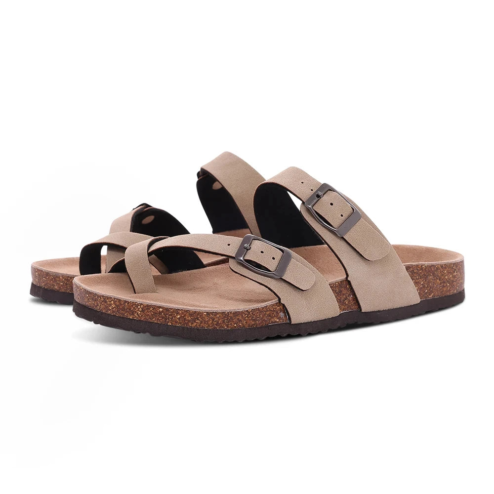 Litfun Classic Leather Cork Slippers Women Fashion Suede Flats Sandals Thick Footbed Cork Slides Unisex Outdoor Beach Slippers