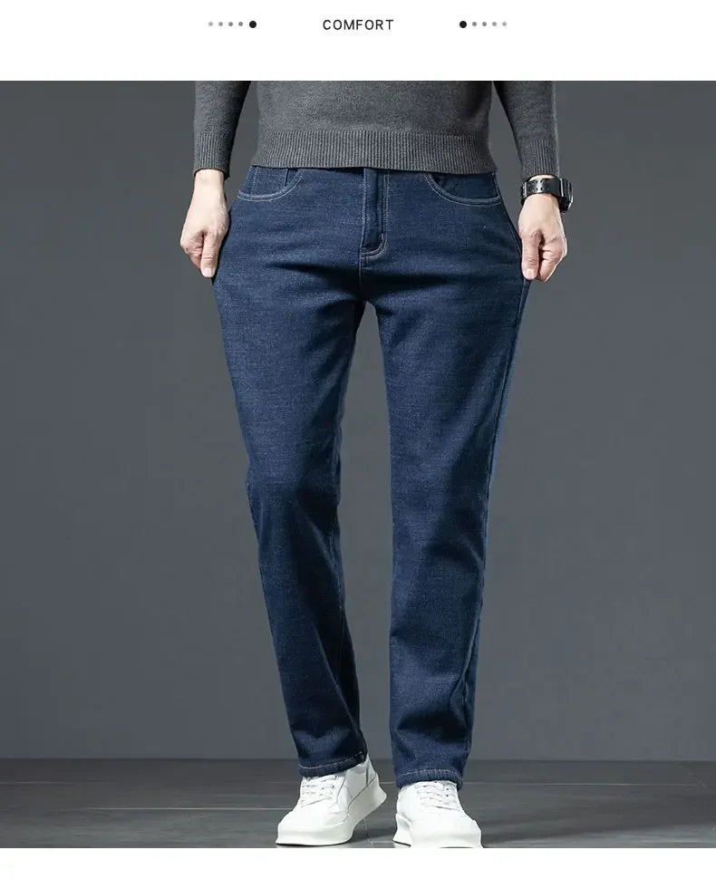 Plus Size 44 46 Casual Sherpa Warm Jeans Men Winter Velvet Thick Trousers Loose Straight Business Classic Fleece Denim Pants