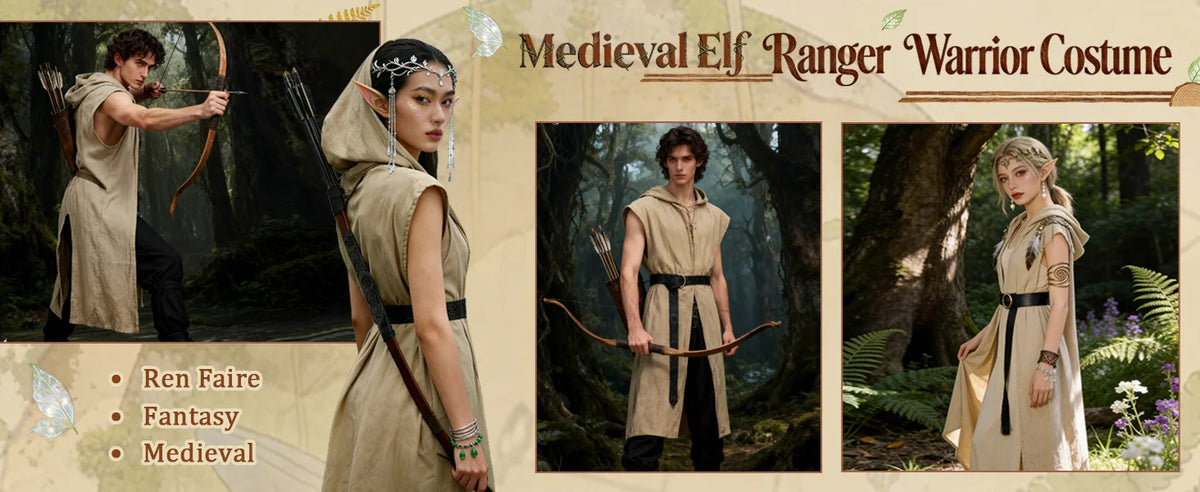 Verceco Men’s Renaissance Costume Set – Medieval/Renaissance Costume for Men with Hooded Surcoat Leather Belt & Bracers