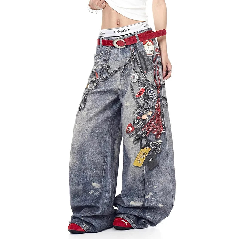 Autumn Korean Trendy Harajuku Streetwear Y2K Candy Chain 3D Printed Baggy Jeans Men's Hip-hop Retro Punk Straight Wide-leg Pants