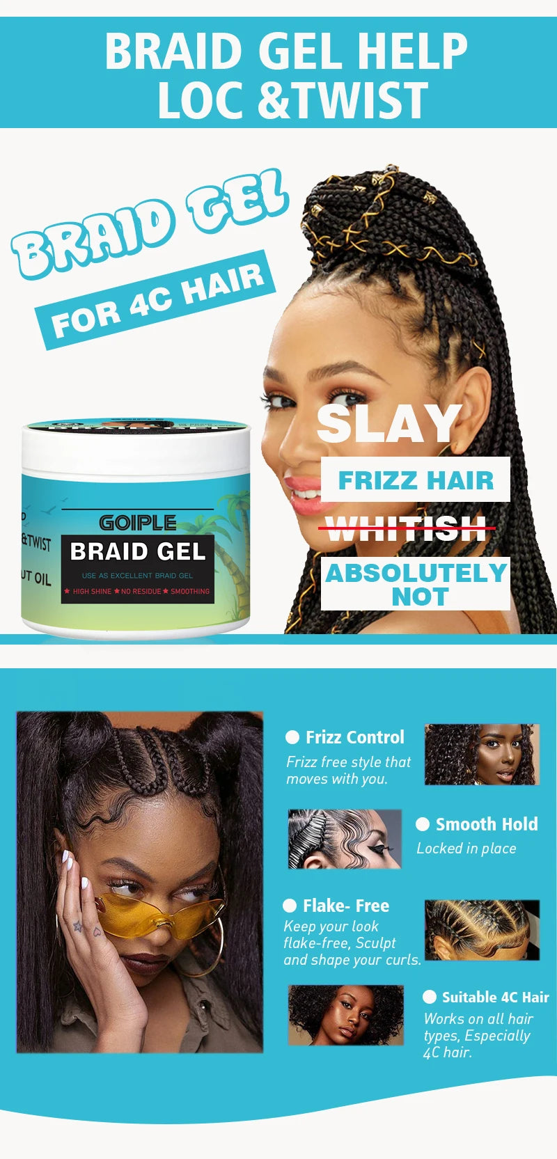 GOIPLE 100g Tea Tree Mint Braid Styling Gel – Edge Control Hair Wax Pomade for Frizz, Locs, Twists & Braids