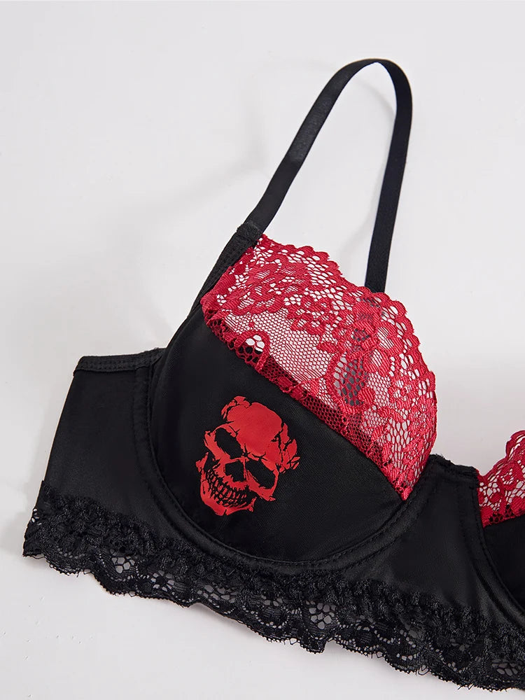 Ultra-Thin Lace Edged Skull Print Bra with Steel Ring Underwear Women's Fashionable Skeleton Patterned Bralette