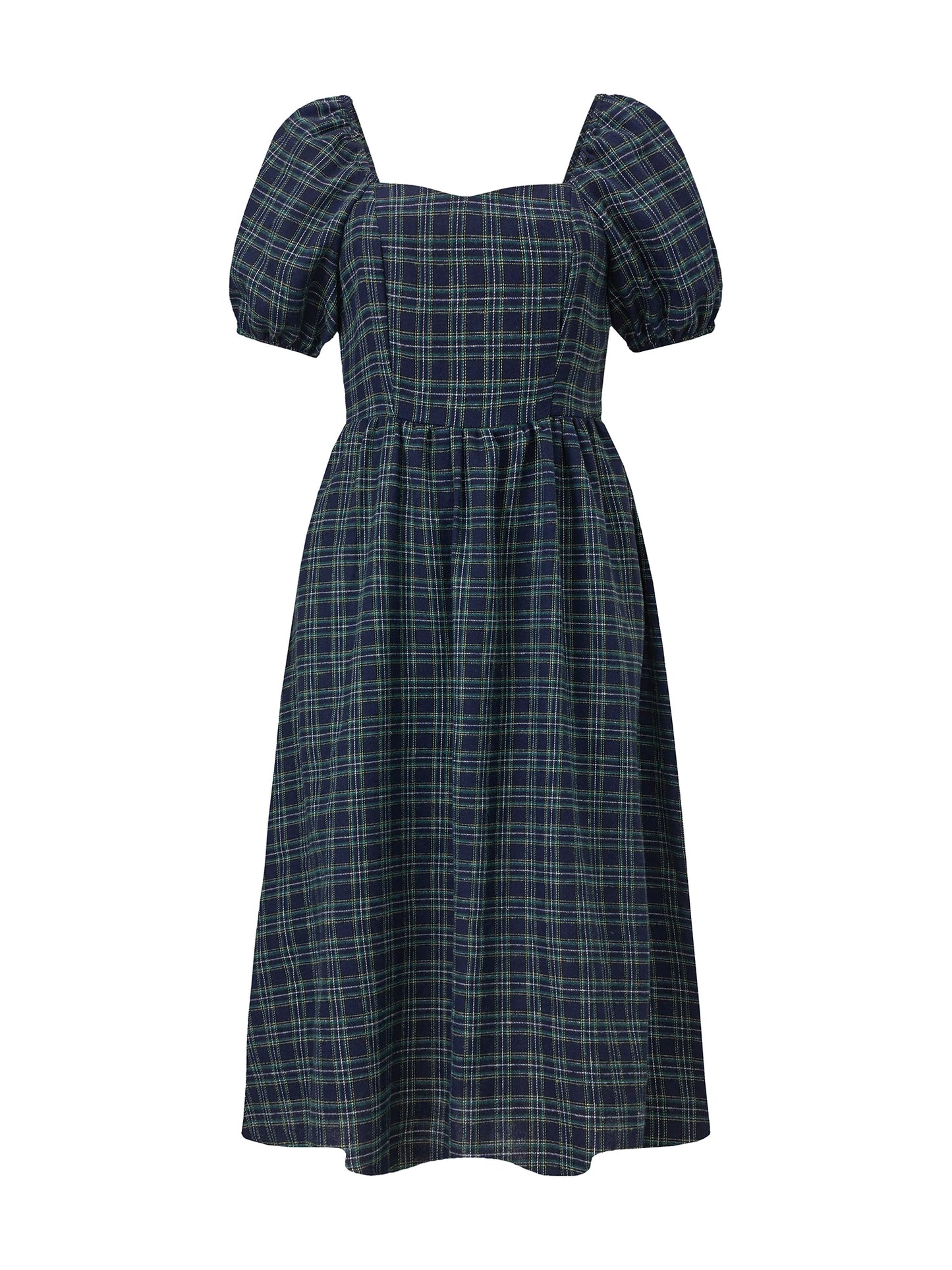Plaid Puff-Sleeve Midi Dress