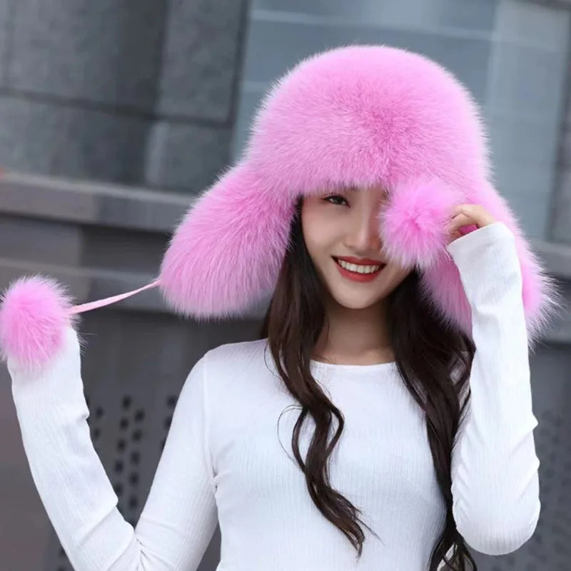 Real Fox Fur Hat For Women Winter Fashion Warm Lei Feng Hats Russians Outdoor Skiing Caps Natural Fur Hat Furry Thick Fur Cap