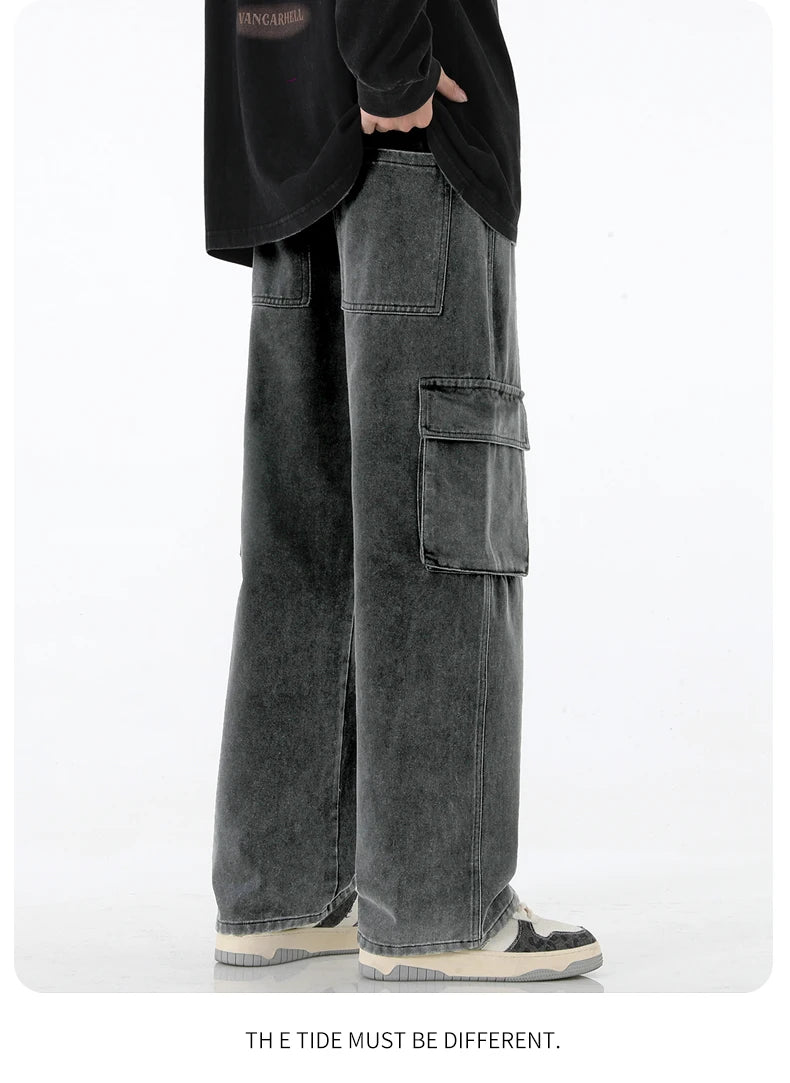 2024 New Men Baggy Cargo Jeans Fashion Streetwear Vintage Wide Leg Pants American Streetwear Y2K Big Pocket Youth Overalls