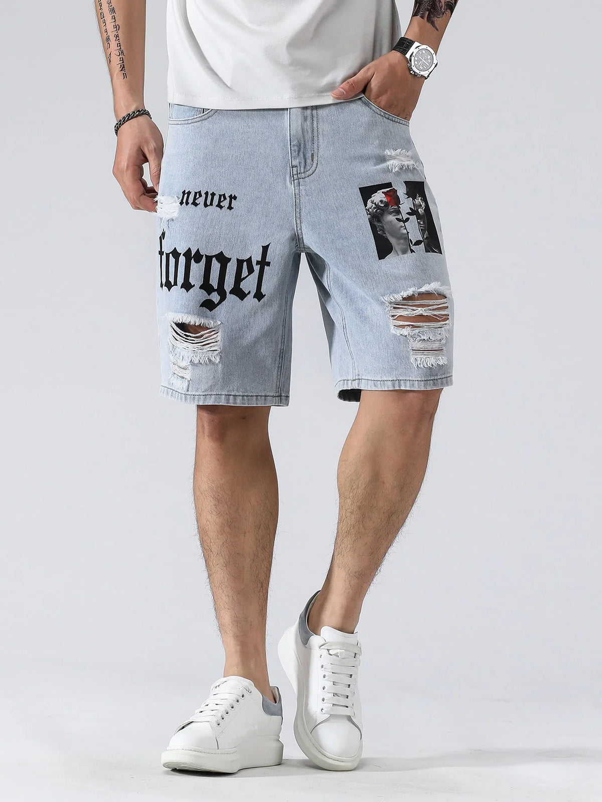 Men Summer Fashion Denim Shorts Jeans For Men Streetwear Letter Ripped Knee Length Baggy Comfort Cargo Casual Shorts Pants Jeans
