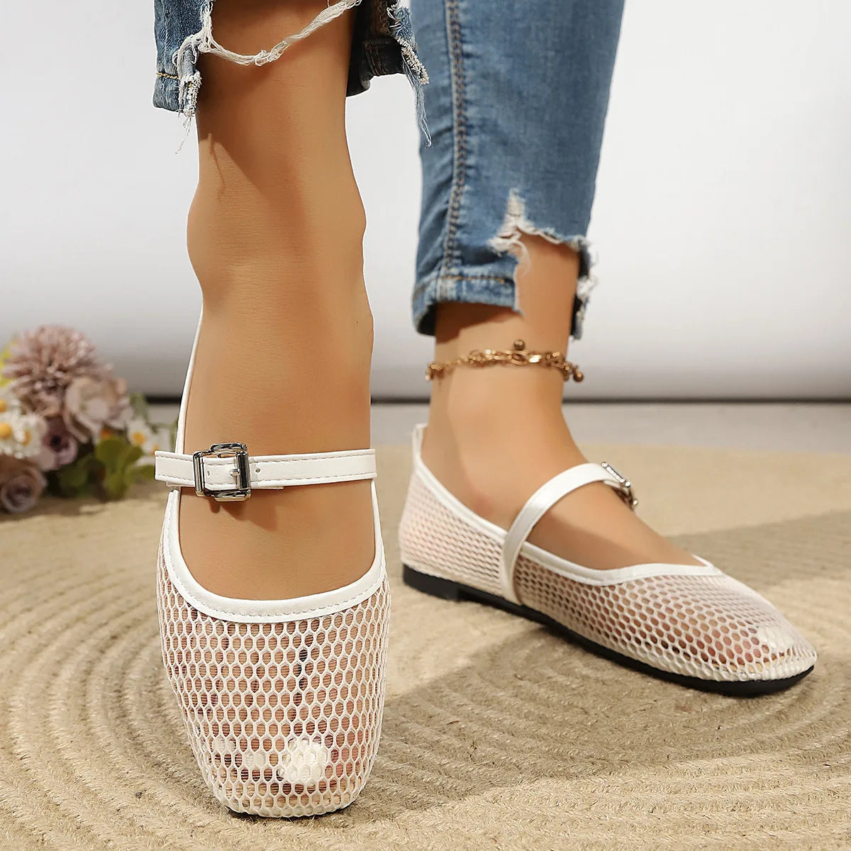 Women's Autumn Mesh Hollow Breathable Casual Ballet Flats 2026 New Solid Color Anti-Slip Comfortable Lightweight Low-top Shoes