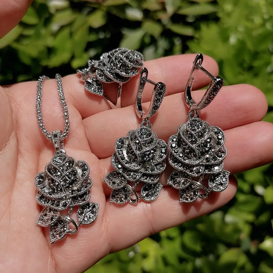 Ajojewel Black Marcasite Rose Flower Jewelry Set for Women – Vintage Necklace, Earrings & Ring, Elegant Party & Wedding Gift