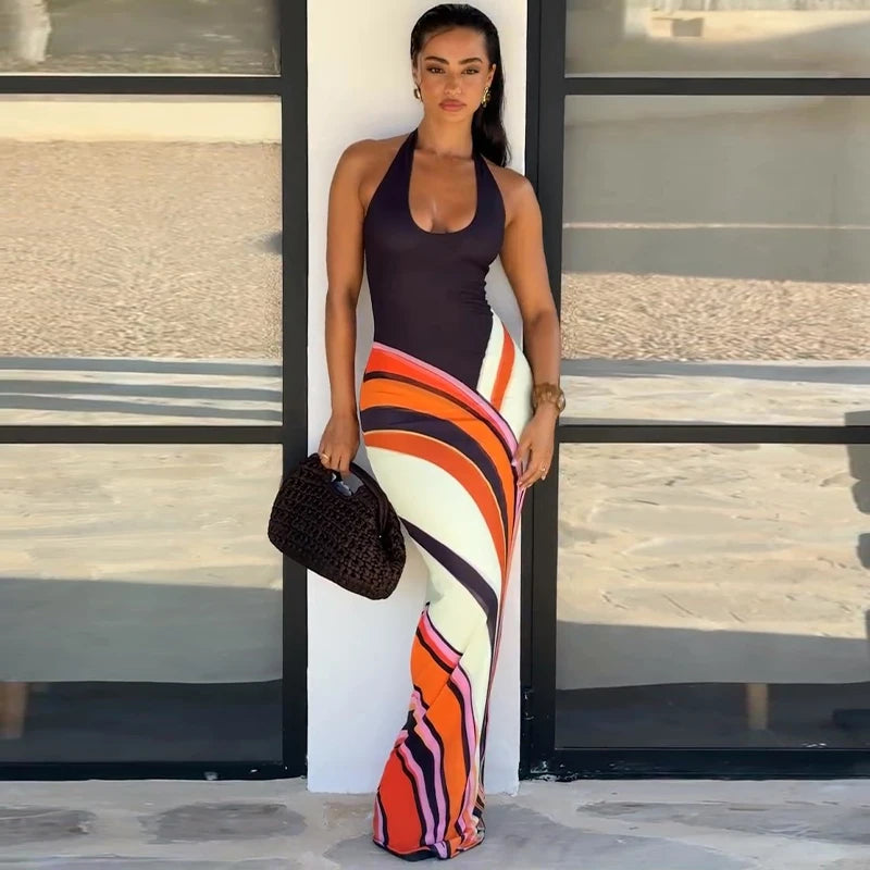 Women’s Sexy Printed Deep V-Neck Backless Maxi Dress