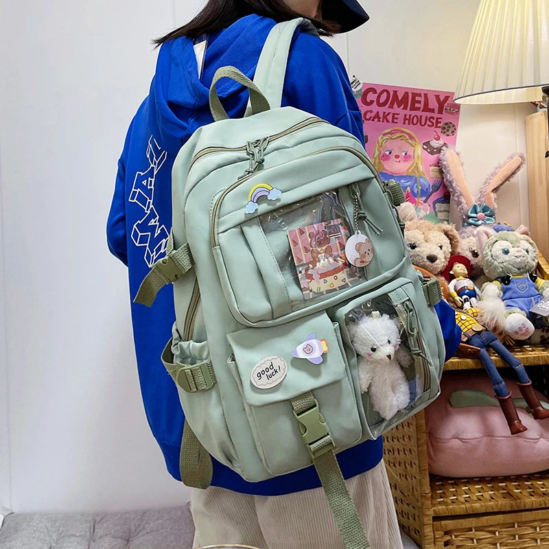 Cute Women’s Waterproof Nylon Backpack – Multi-Pocket Kawaii School Bag, Laptop & Book Pack for Girls, Stylish Student Travel Backpack