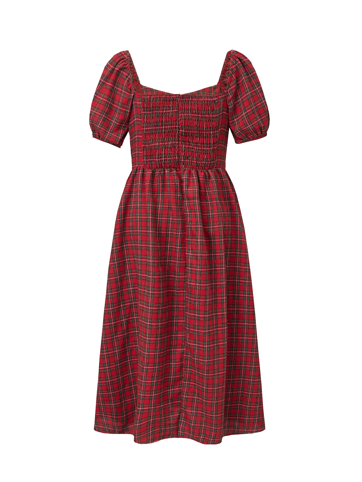 Plaid Puff-Sleeve Midi Dress