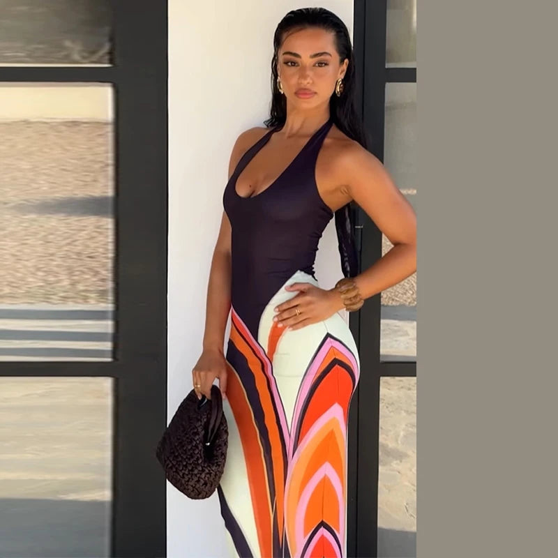 Women’s Sexy Printed Deep V-Neck Backless Maxi Dress