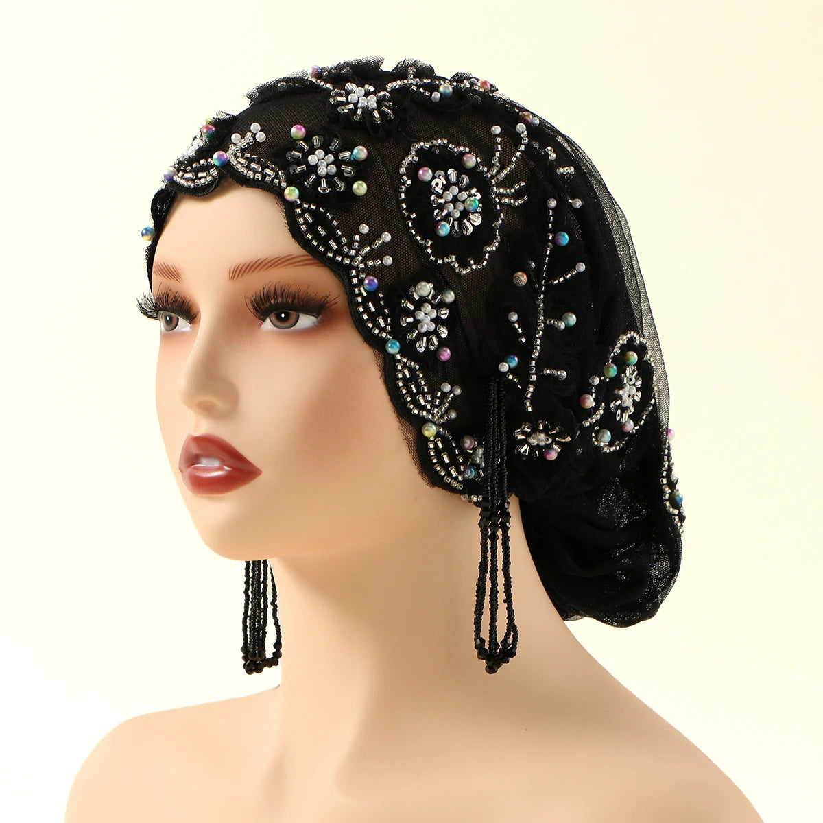 Women’s Luxury Pearl Embroidered Mesh Hijab Cap