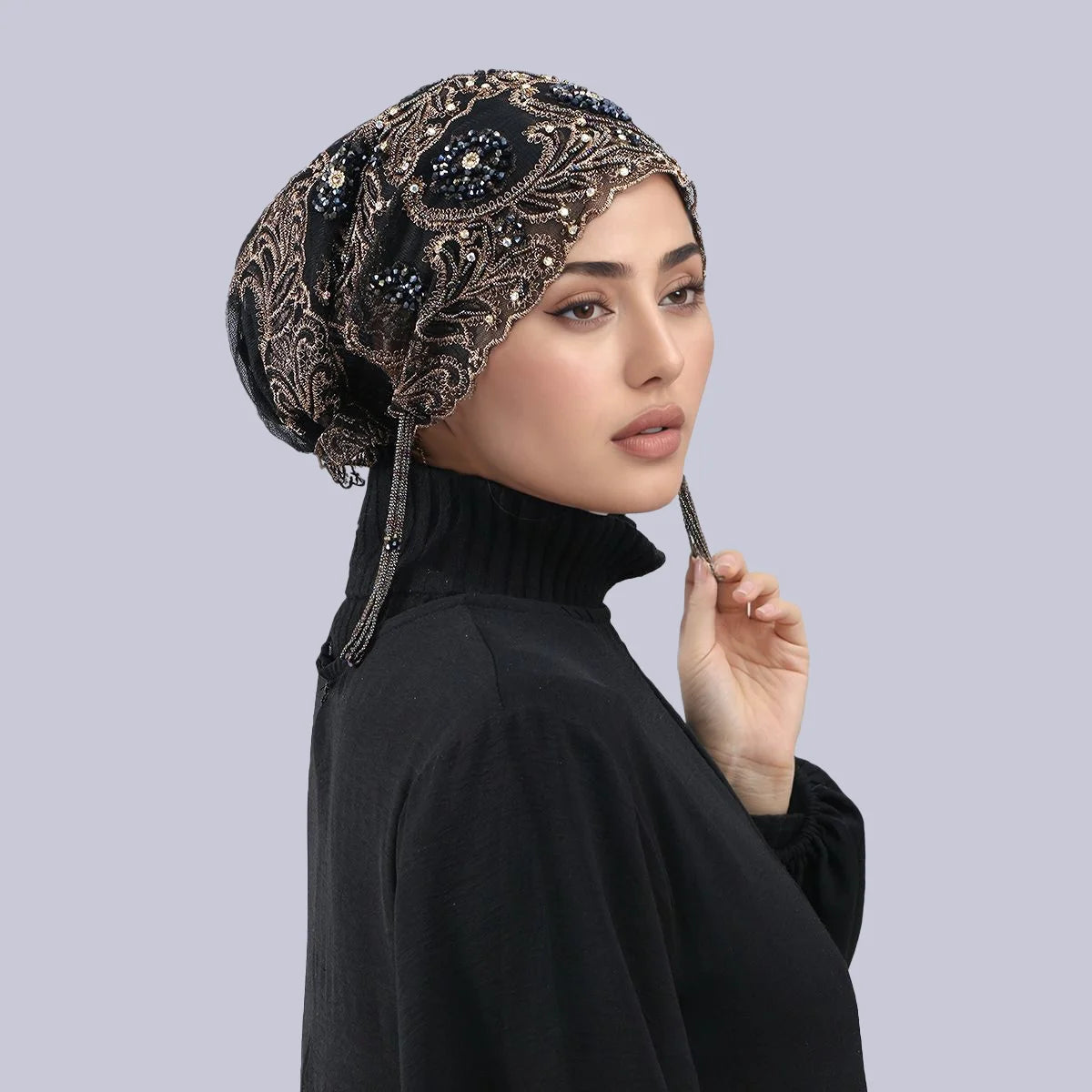 Women’s Luxury Pearl Embroidered Mesh Hijab Cap