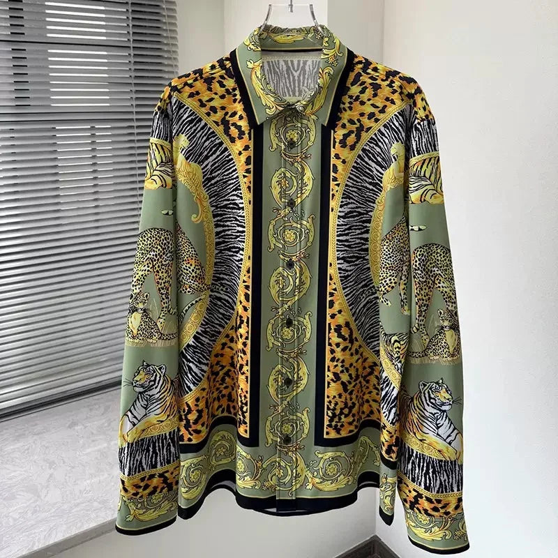 Men's shirt retro Baroque animal print shirt casual loose long sleeved shirt light luxury design sense men's top XS-6XL size