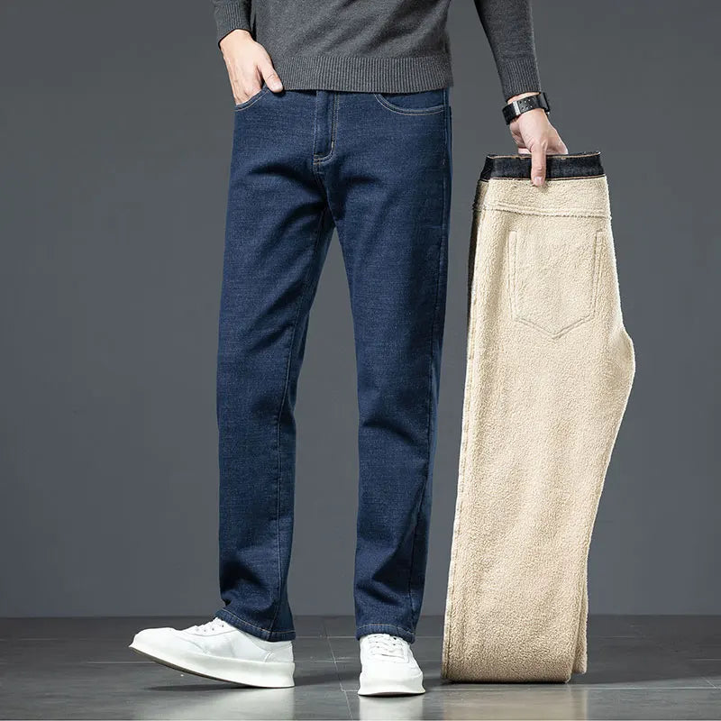 Plus Size 44 46 Casual Sherpa Warm Jeans Men Winter Velvet Thick Trousers Loose Straight Business Classic Fleece Denim Pants