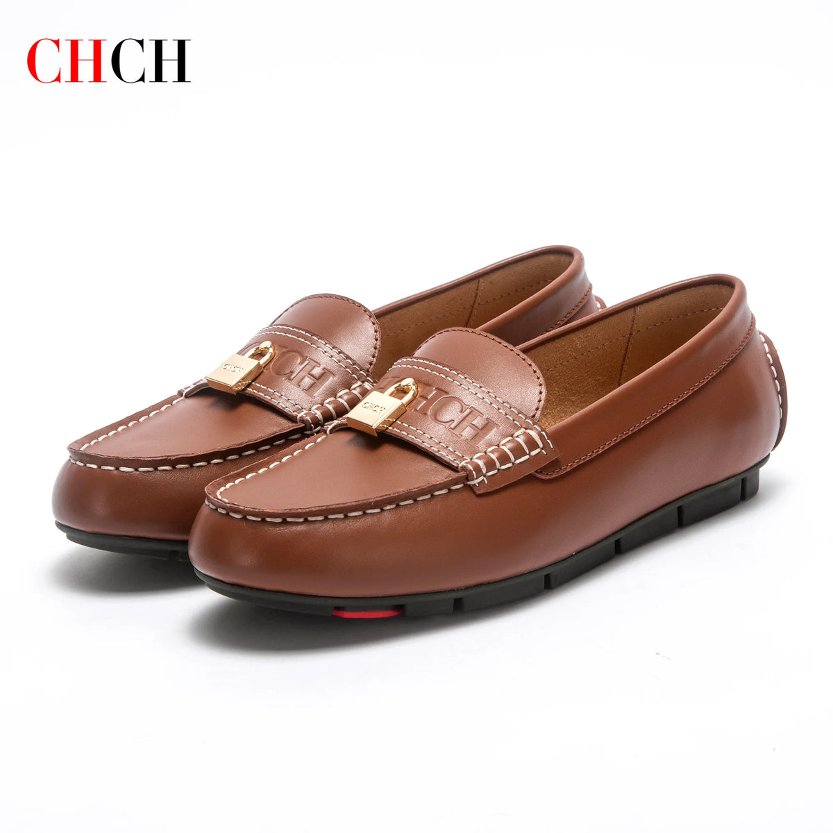 CHCH Women's Brown Flat Shoes 2026 Spring New High Quality Leather Shoes for Casual Business