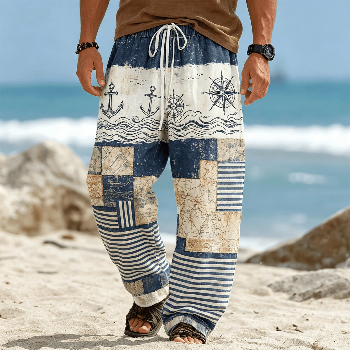 Men's Ethnic Tribal Patchwork Print Drawstring Pants, Casual Boho Trousers for Summer Beach & Vacation