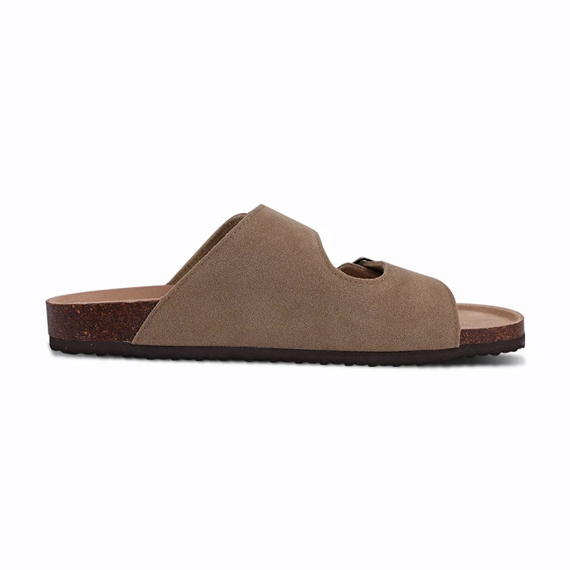 Litfun Classic Leather Cork Slippers Women Fashion Suede Flats Sandals Thick Footbed Cork Slides Unisex Outdoor Beach Slippers