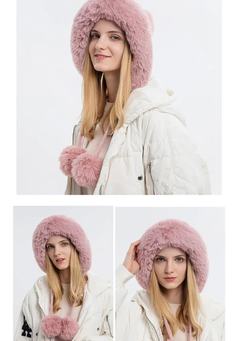 Winter Hat For Women Hooded Face Mask Fluff Keep Warm Thicken Style Neck Scarf Hooded Cap Beanie Knitted Cashmere Neck Warmer