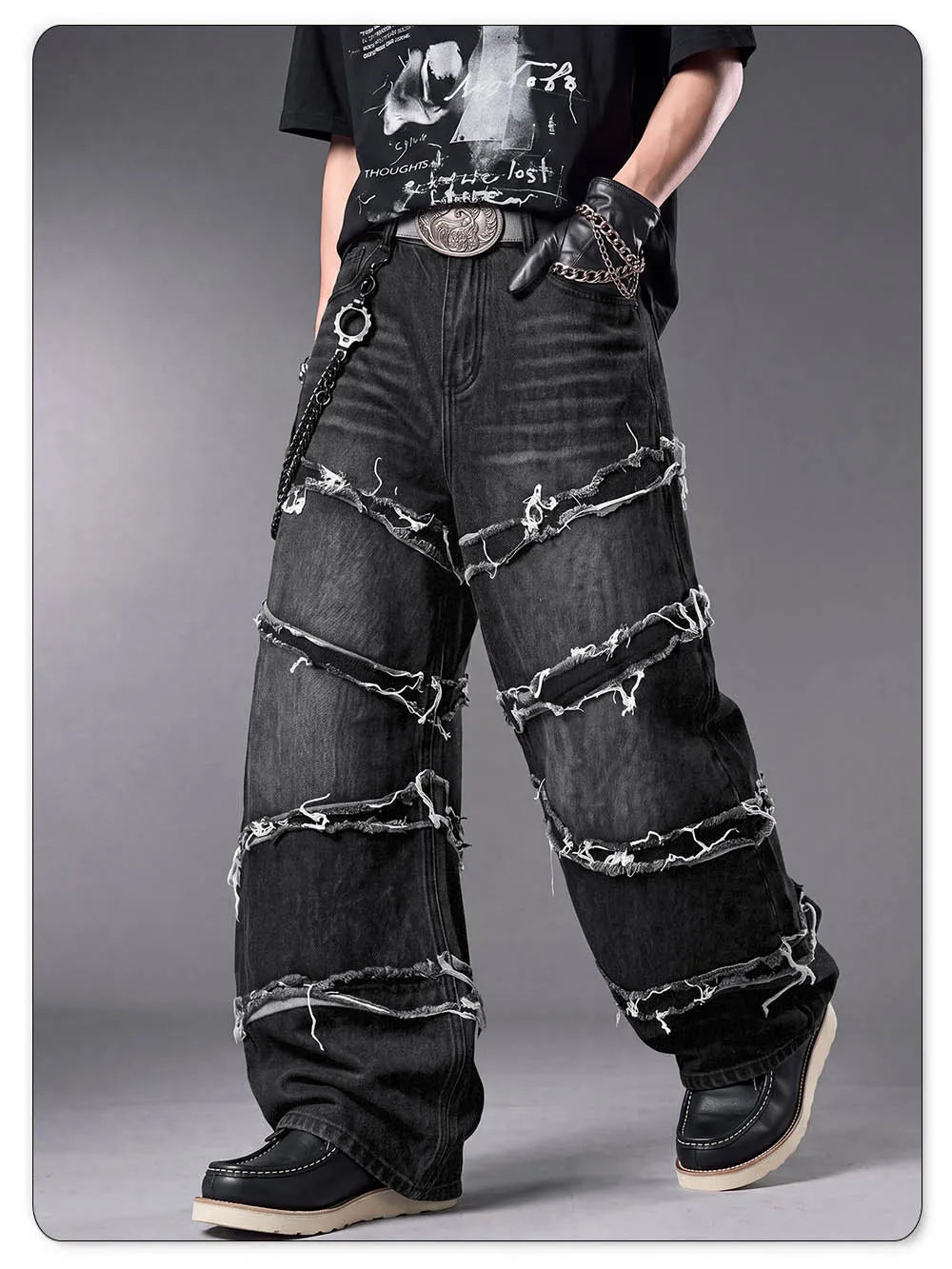 LIYS Men's Gothic Baggy Jeans Raw Frayed Edge Deconstructed Patchwork Wide Leg Denim Pants Y2K Punk Streetwear Trousers ﻿