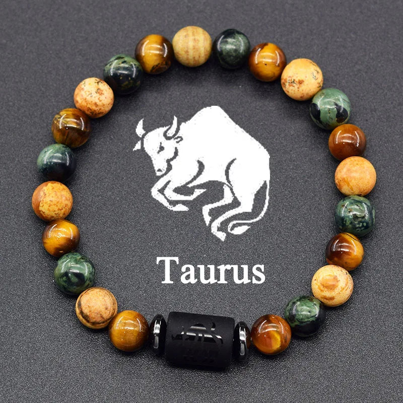 12 Zodiac Constellation Signs Bracelet for Men & Women – Natural Tiger Eye Stone Beaded Bracelet, Leo Taurus Charm Couple Jewelry