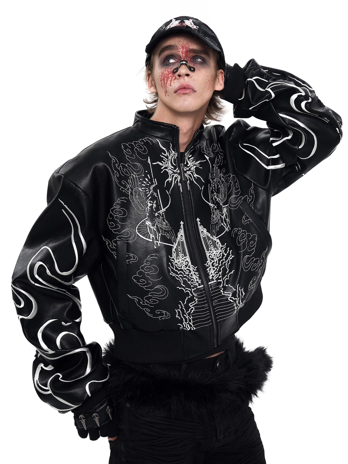 Mauroicardi Autumn Short Colorful Embroidery Pu Leather Racer Jacket Men Zipper Luxury Designer Emo Punk Style Clothes 2025