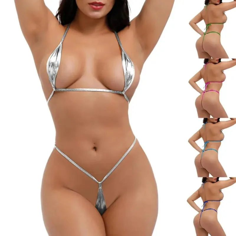 Swimwear Shiny Women Erotic Mini Bikini Lingerie Set Halter Neck Bra Micro G String Thong Underwear PU Patent Swimsuit Leather