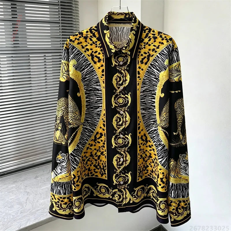 Men's shirt retro Baroque animal print shirt casual loose long sleeved shirt light luxury design sense men's top XS-6XL size