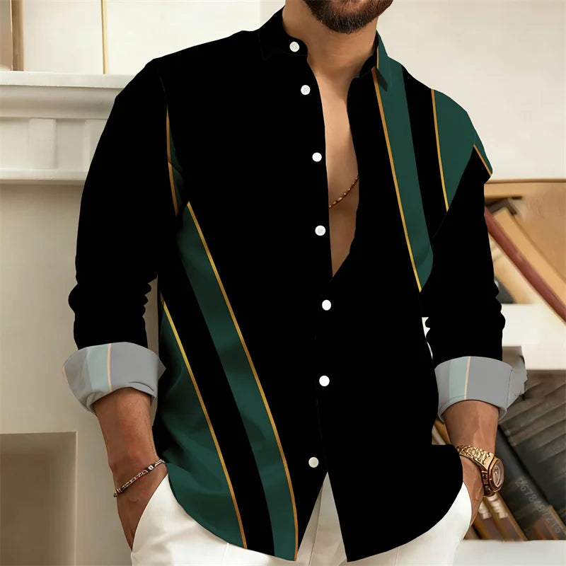 New Men's Color-Block Patchwork Long-Sleeved Shirt, Geometric Striped Casual Business Shirt, Slim-Fit Men's Top, Sizes S-6XL.