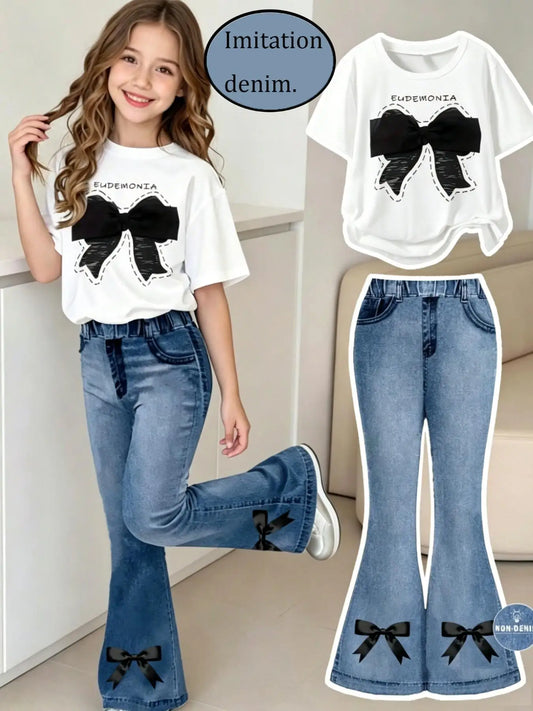 Girls’ Bowknot T-Shirt & Flared Pants Set