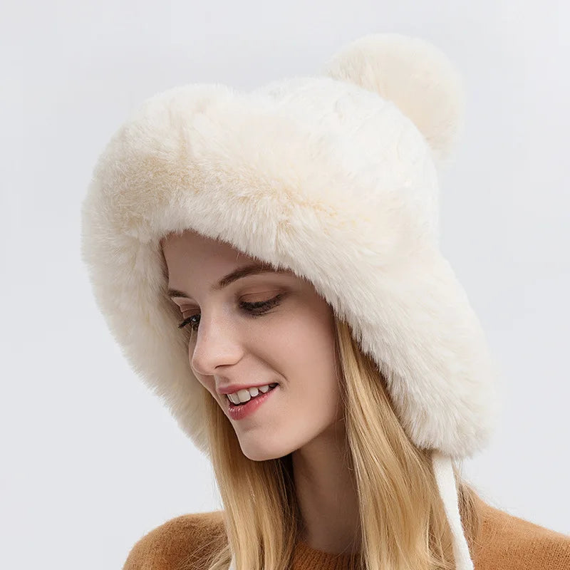 Winter Hat For Women Hooded Face Mask Fluff Keep Warm Thicken Style Neck Scarf Hooded Cap Beanie Knitted Cashmere Neck Warmer