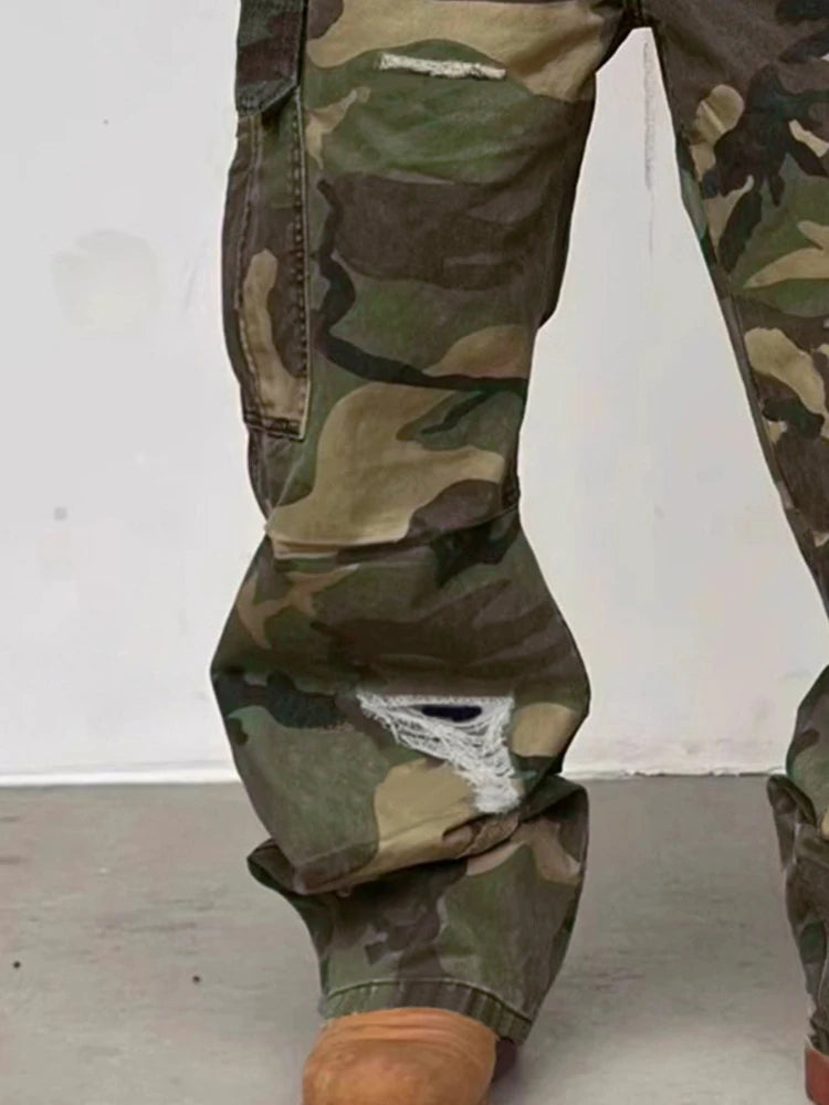 Men's Spring Fashion Casual Jeans Streetwear Camouflage Cargo Pants Distressed Ripped Wide Leg Trendy Daily Wear Loose Trousers